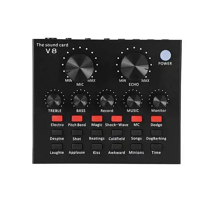 V8 Multifunctional Live Sound Card USB Audio Interface Intelligent Volume Adjustable Audio Mixer Sound Card for Recording Hosting Speech